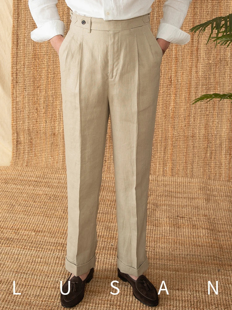 Italian 100% Linen High Waist Straight Pants 