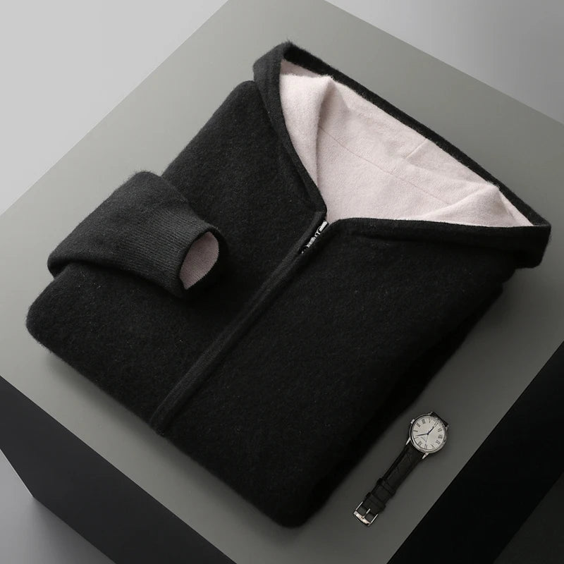 Men Hooded Cardigan Sweater  100% Merino Wool 