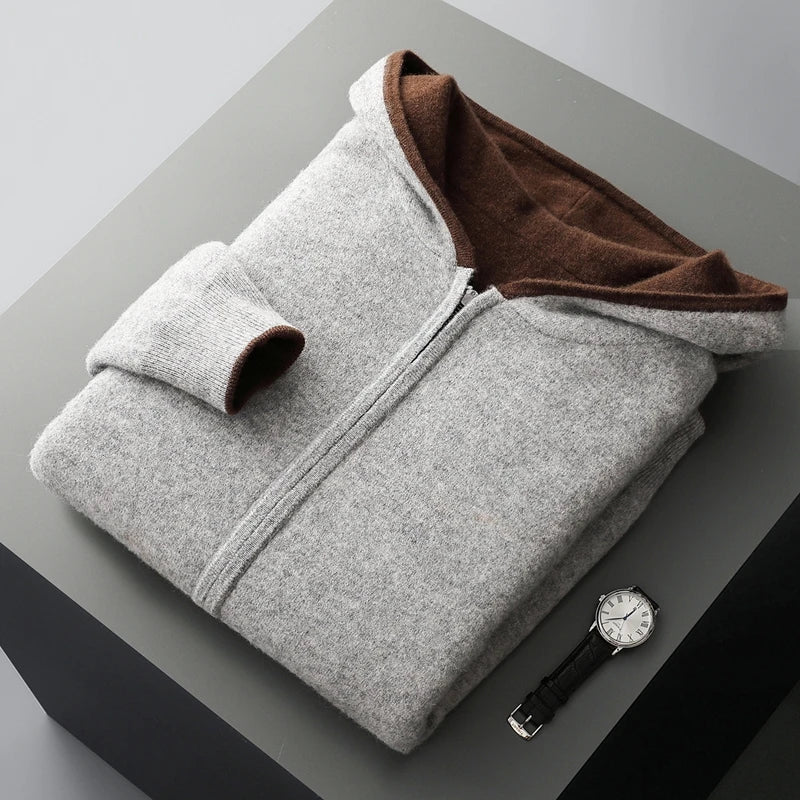 Men Hooded Cardigan Sweater  100% Merino Wool 